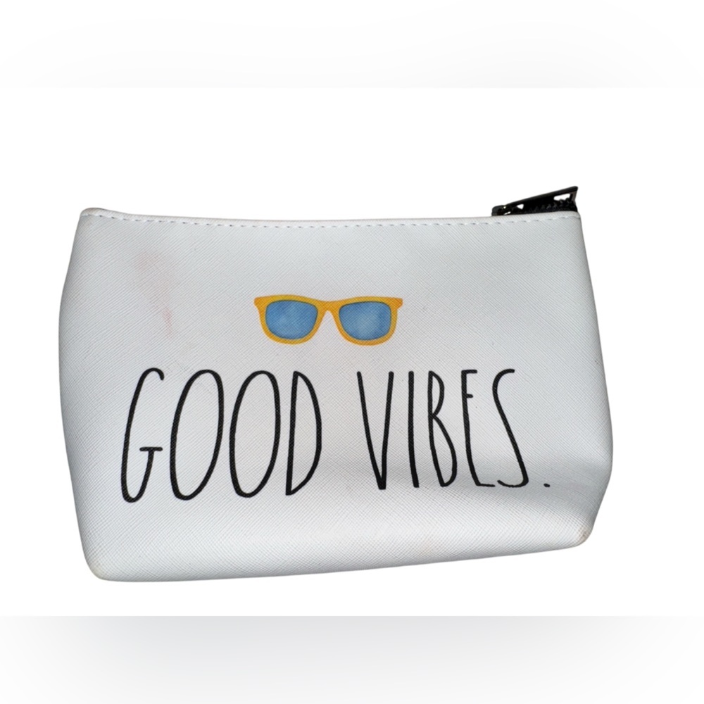 Rae Dunn White Pouch with Good Vibes and Sunglasses #C